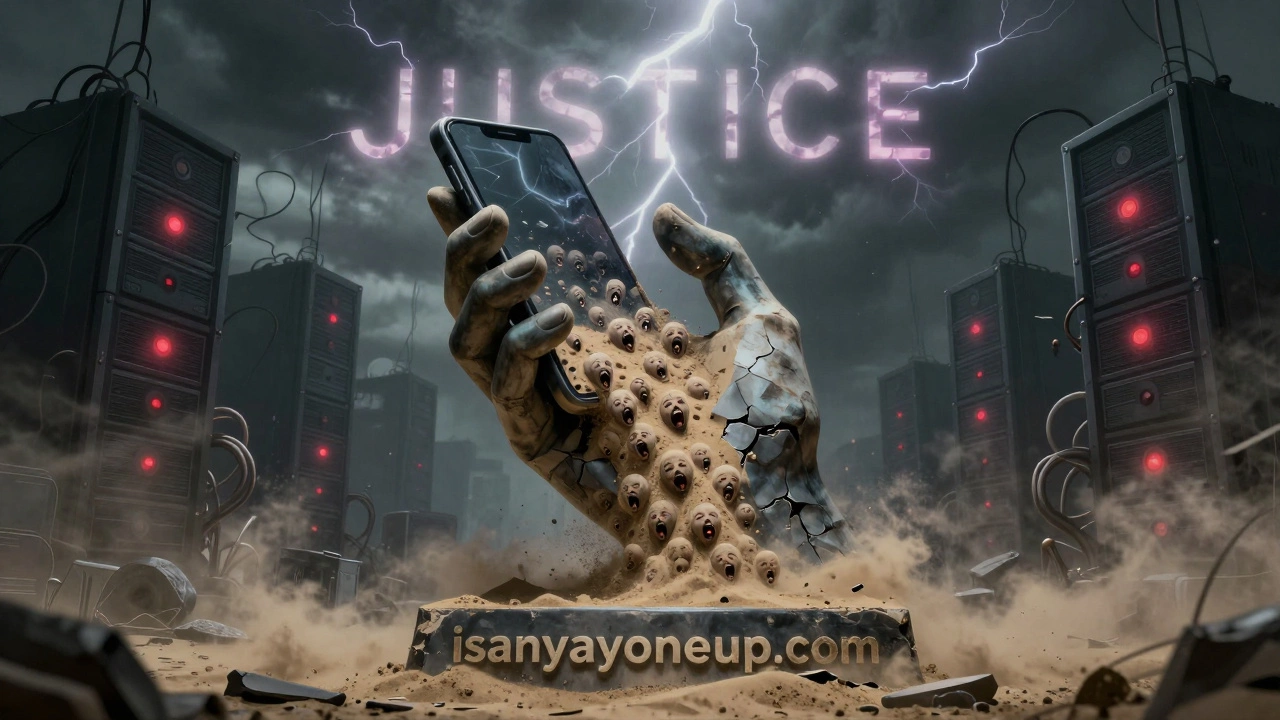 A crumbling statue of a hand holding a smartphone, spilling screaming faces into dust, cyberpunk style.