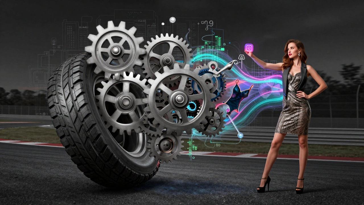 A glamorous woman dissolves into mechanical and digital elements, representing her evolution beyond a mere prop.