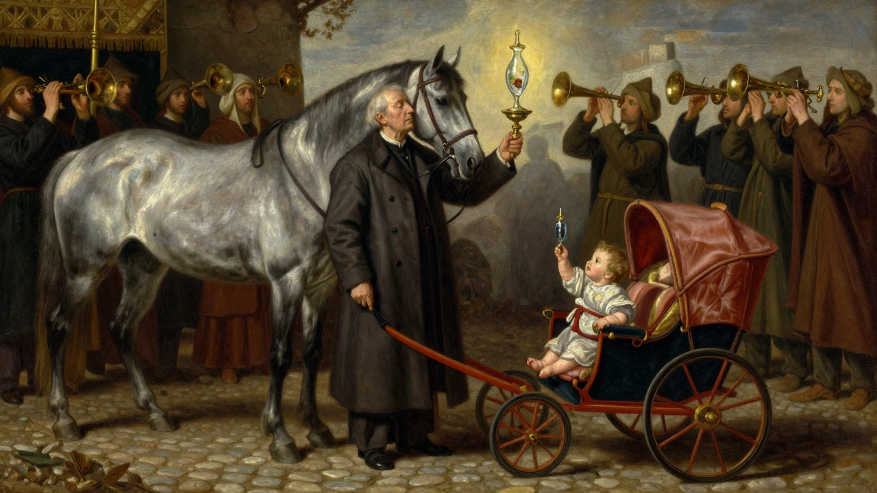 An elderly archivist rests his hand on a historic gray mare as a sacred ampulla is carried past in a quiet Reims ceremony.