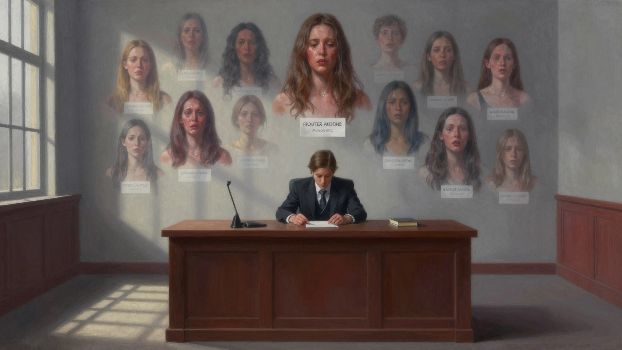 Courtroom scene with ghostly images of victims hovering behind Hunter Moore during his trial.