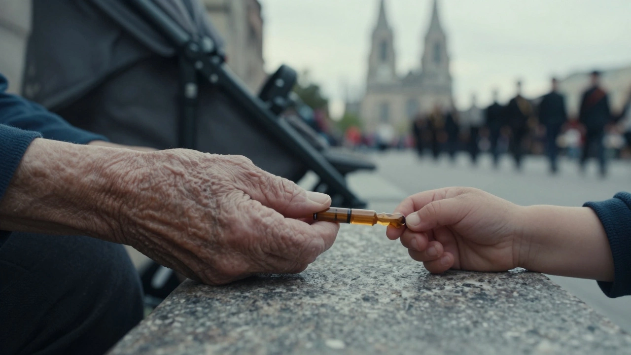 Two hands — aged and infant — both holding the same wooden ampulla charm, symbolizing generations connected by tradition.